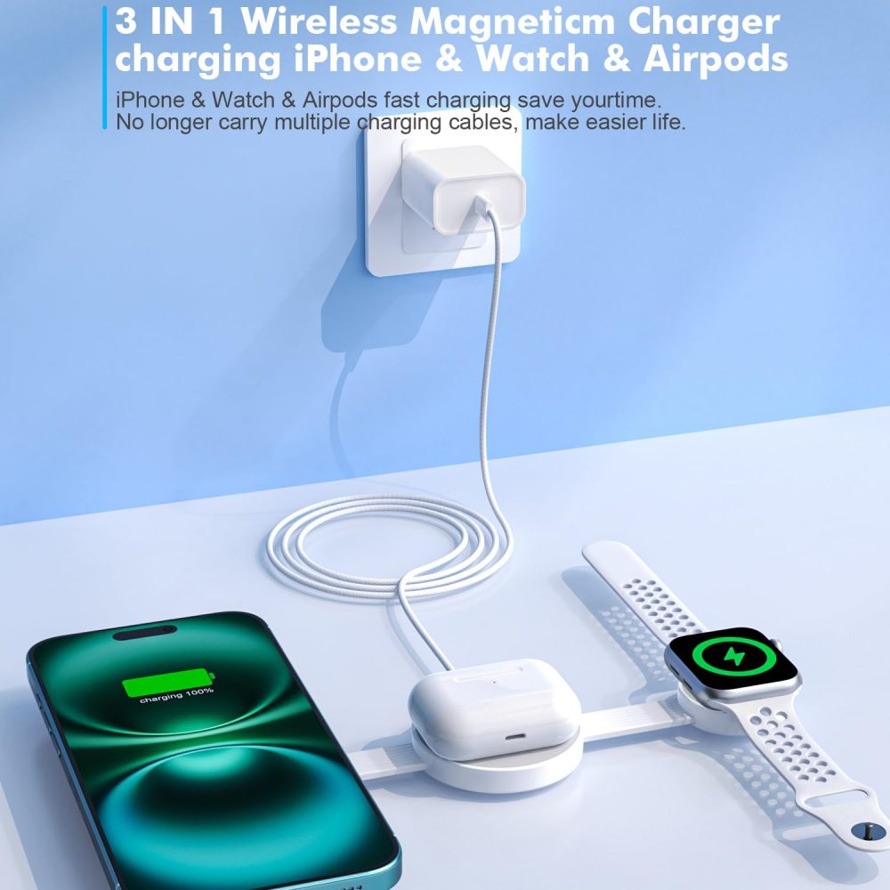 Magnetic Wireless 3 in 1 MagSafe Charging Station for Apple MagSafe Charger,iPhone 16 Wireless Charger Station Foldable Travel Charging Pad for iPhone 16 15 14 13 Pro/Pro Max,Apple Watch,AirPods Pro - Image 2